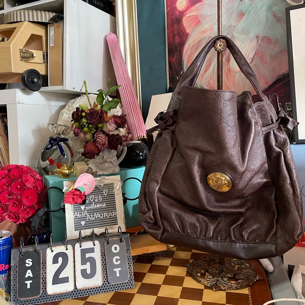Gucci Guccissima Dark Brown Leather Hobo with Gold-Tone Medallion